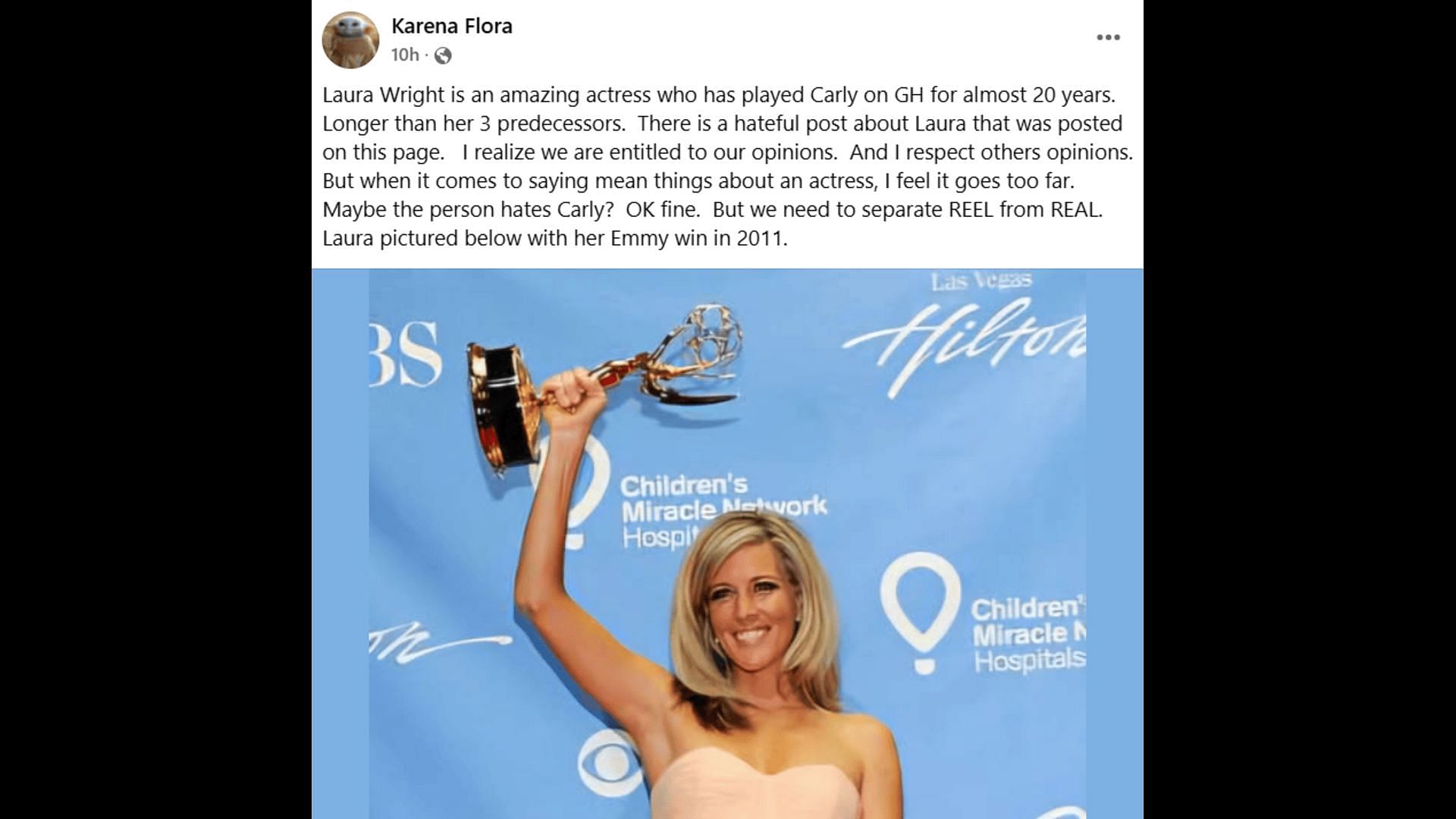 A Facebook post about Laura Wright, known for playing Carly on GH (Image via Facebook/General Hospital Fans - Official)